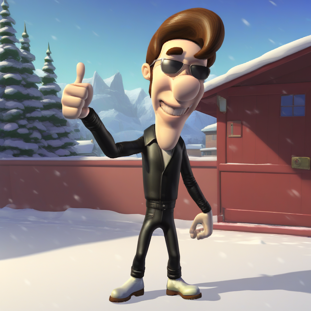 masterpiece, best quality, absurdres, toon (style), 1boy, male focus, solo, C_H_N_JN, brown hair, pompadour, sideburns, sunglasses, leather jacket, white shirt, leather pants, white shoes, standing, outdoors, snow, plain, thumbs up, smile,