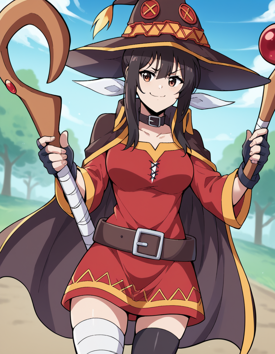score_9, score_8_up, score_7_up, source_anime, <lora:uchika-hanesaki-s1-ponyxl-lora-nochekaiser:1>, uchika hanesaki, long hair, black hair, ribbon, brown eyes, hair ribbon, sidelocks, large breasts,, <lora:megumin-cosplay-ponyxl-lora-nochekaiser:1>, megumin cosplay, megumin (cosplay), thighhighs, gloves, hat, dress, black gloves, belt, black thighhighs, fingerless gloves, cape, collar, witch hat, bandages, red dress, single thighhigh, asymmetrical legwear, bandaged leg,, staff, holding staff, smug, outdoors, looking at viewer, cowboy shot,, , dutch angle, cowboy shot