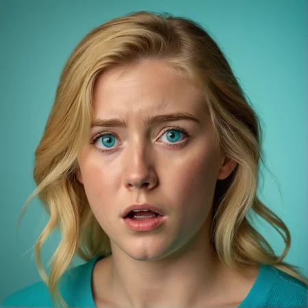 RAW photograph, Danish woman, 25 years old, golden blonde hair, aqua eyes, medium close-up shot, shot from the side, shocked expression, neutral uniform photostudio background, highly detailed, professional, soft volumetric lighting, photographed on a Canon EOS R5, 50mm lens, F/2.8, HDR, 8k resolution, highres, high detail,
