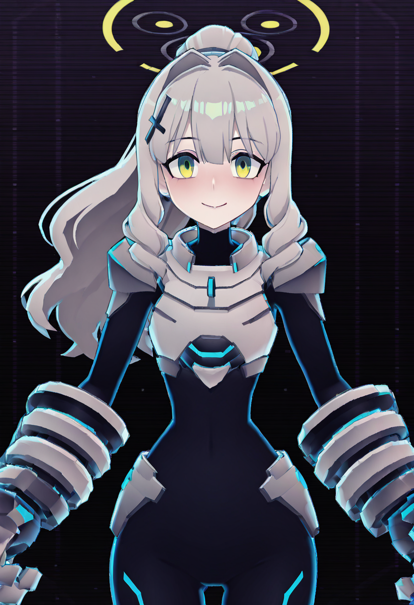 masterpiece, best quality, solo, curvy, beautiful eyes, narrow waist, wide hips, 1girl, solo, smile, looking at viewer,   zzHare, green eyes, grey hair, long hair, ponytail, x hair ornament, hair between eyes, green halo, hair intakes,   <lora:OmagariHareBlueArchive_IXL_v1:1.0>, , smile, looking at viewer, cowboy shot, dynamic pose,  zzCodeV, bodysuit, neon trim, armor, black bodysuit, dynamic pose, foreshortening, shiny, <lora:CodeVSnG_IXL:1.0>,