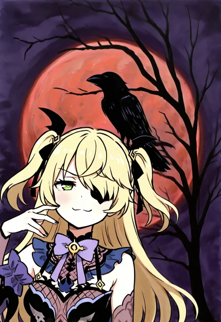 <lora:StylizedNightscape_IXL:1.3>, (N1ght, solo, sky, tree, bird, moon, full moon, branch, bare tree, crow, red moon), BREAK, zzFischl, green eyes, hair over one eye, blonde hair, hair ribbon, long hair, two side up, black dress, hand up, smug, <lora:FischlGenshinIXL:0.7>, (Close up, portrait),