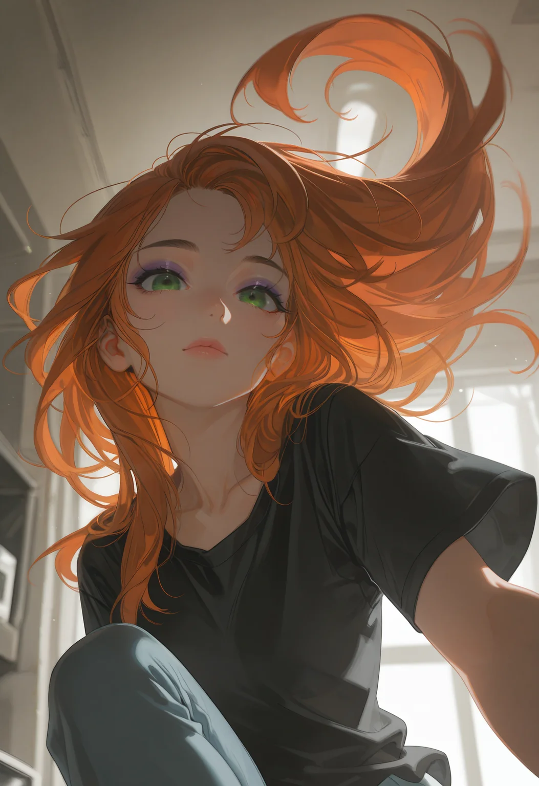 embedding:lazypos, 1girl, Long hair, orange hair, green eyes, thick eyebrows, black eyebrows, purple eyeshadow, pink lips, full lips, slender body, floating hair, small ass, medium breast, realistic breast, black shirt, t-shirt, short sleeves, pants, crouching, one knee up, front view, looking at viewer, movie perspective, blurry, indoors