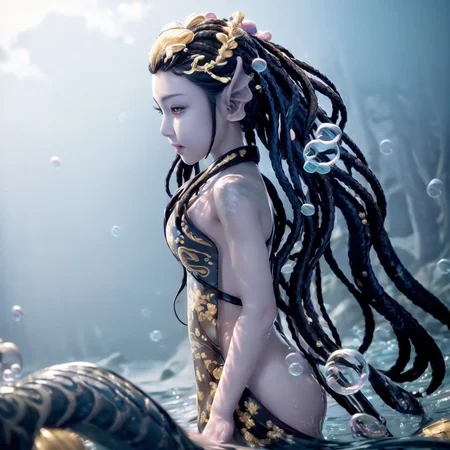 (illustration:1.8),(best quality),(masterpiece:1.5),masterpiece,extremely detailed CG unity 8k wallpaper),depth of field,dramatic angle,(Silver detailed cyan_ribbon and white flowers in the girl's long black_hair:1.25),((gold_black Taoist robes:1.35)),(braid), (detailed beautiful face:1.3),detailed symmetrical_Blue_eyes,(Ancient palace background far away:1.55),A slight light, (pink flower:1.2),chiaroscuro, ((lotus) in beautiful detailed flowing_clouds_sea:1.3), Rayleigh scattering,(feather headdress:1.15),grass background,nature,((very wide shot)),(((Underwater))),Deep focus,Watermaker(bubbles:1.5),turtles,corals,Floating clothes,bottle with stopperwater in bottle,bere, a mermaid statue with a fish tail and a fish tail<lora:bere-10:0.7>
