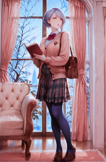 lazympos, lazypos, Fran_Accorsi, 1girl, solo, skirt, shirt, long sleeves, bow, holding, standing, jacket, full body, pantyhose, pleated skirt, parted lips, shoes, indoors, bowtie, bag, high heels, book, plaid, window, plaid skirt, looking away, brown footwear, cardigan, curtains, loafers, couch, holding book, open book, blue pantyhose,,