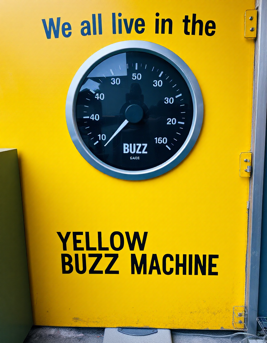 Yellow wall, big gauge in the middle, gauge showing low, gauge is labelled "BUZZ", text above "We all live in the", text below "YELLOW BUZZ MACHINE"