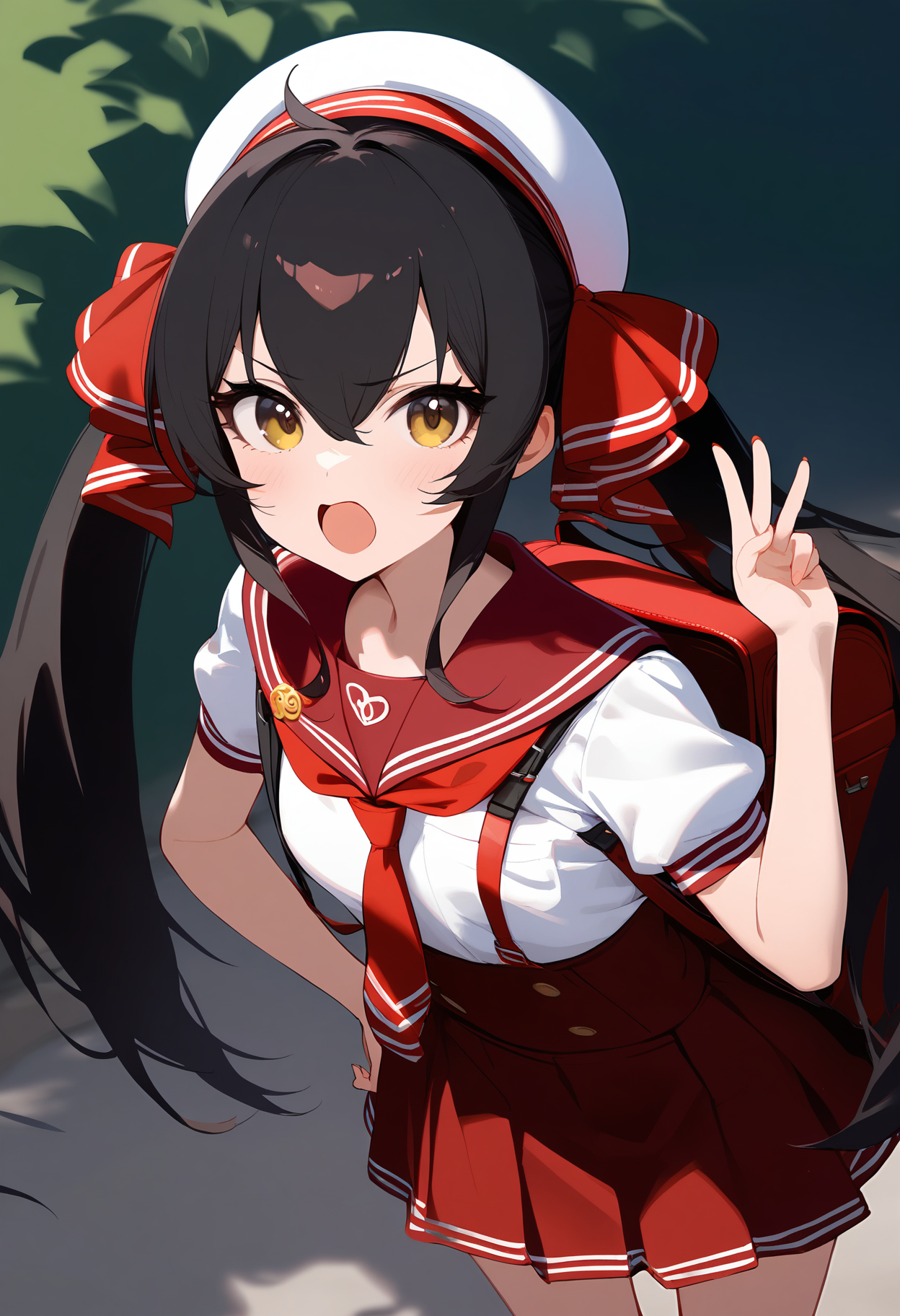 1girl,beret,blush,matoba risa,open mouth,solo,white headwear,looking at viewer,red skirt,serafuku,suspender skirt,white shirt,pleated skirt,puffy short sleeves,necktie,outdoors,red sailor collar,d,neckerchief,randoseru,red ribbon,sailor collar,simple background,v-shaped eyebrows,<lora:a31_char_new_matoba_risa:1>masterpiece, best quality, absurdres<lora:a31_style_koni-000010:0.8>