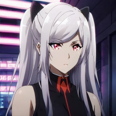 Black hair ribbon, gray hair, long hair, twintails, red eyes, large breasts, two side up, single hair bun, ponytail, wearing a futuristic battle suit with neon accents, standing on a high-tech rooftop in a cyberpunk city, neon lights reflecting off the rain-soaked streets, high-tech drones flying above, sci-fi atmosphere