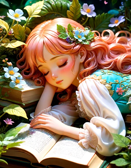 2d, anime screencap, miniature girl sleeping on a book, vibrant colors, intricate details, soft natural lighting, ethereal glow, delicate facial features, realistic shadows, fine details in clothing and hair, ultra-quality, whimsical setting, lush botanical elements, detailed textures, elegant and enchanting, tiny hands resting, delicate flowers and leaves, magical atmosphere, nostalgic feel, detailed book cover, dreamy ambiance, artistic elegance