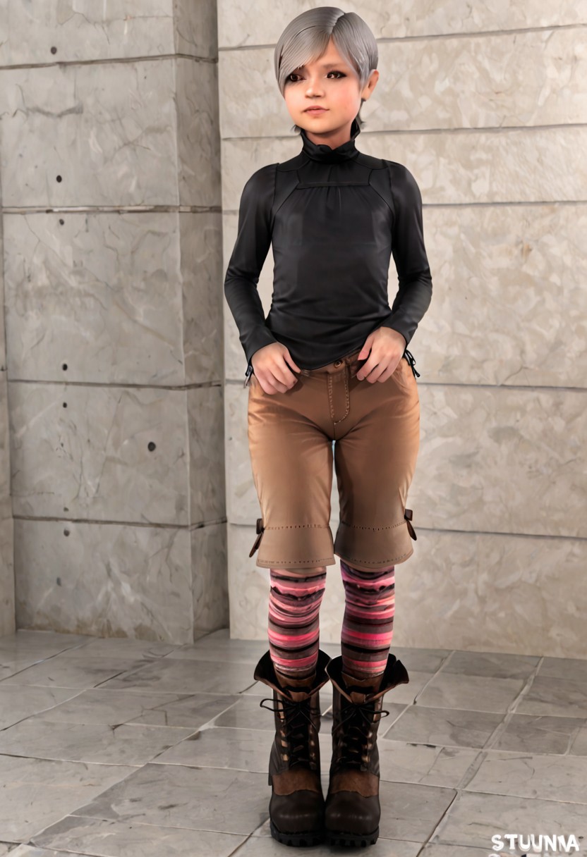 sunny-mgs4, short hair, grey hair, black turtleneck, flat chest, brown eyes, brown shorts, striped socks, wide hips, boots