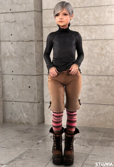 sunny-mgs4, short hair, grey hair, black turtleneck, flat chest, brown eyes, brown shorts, striped socks, wide hips, boots