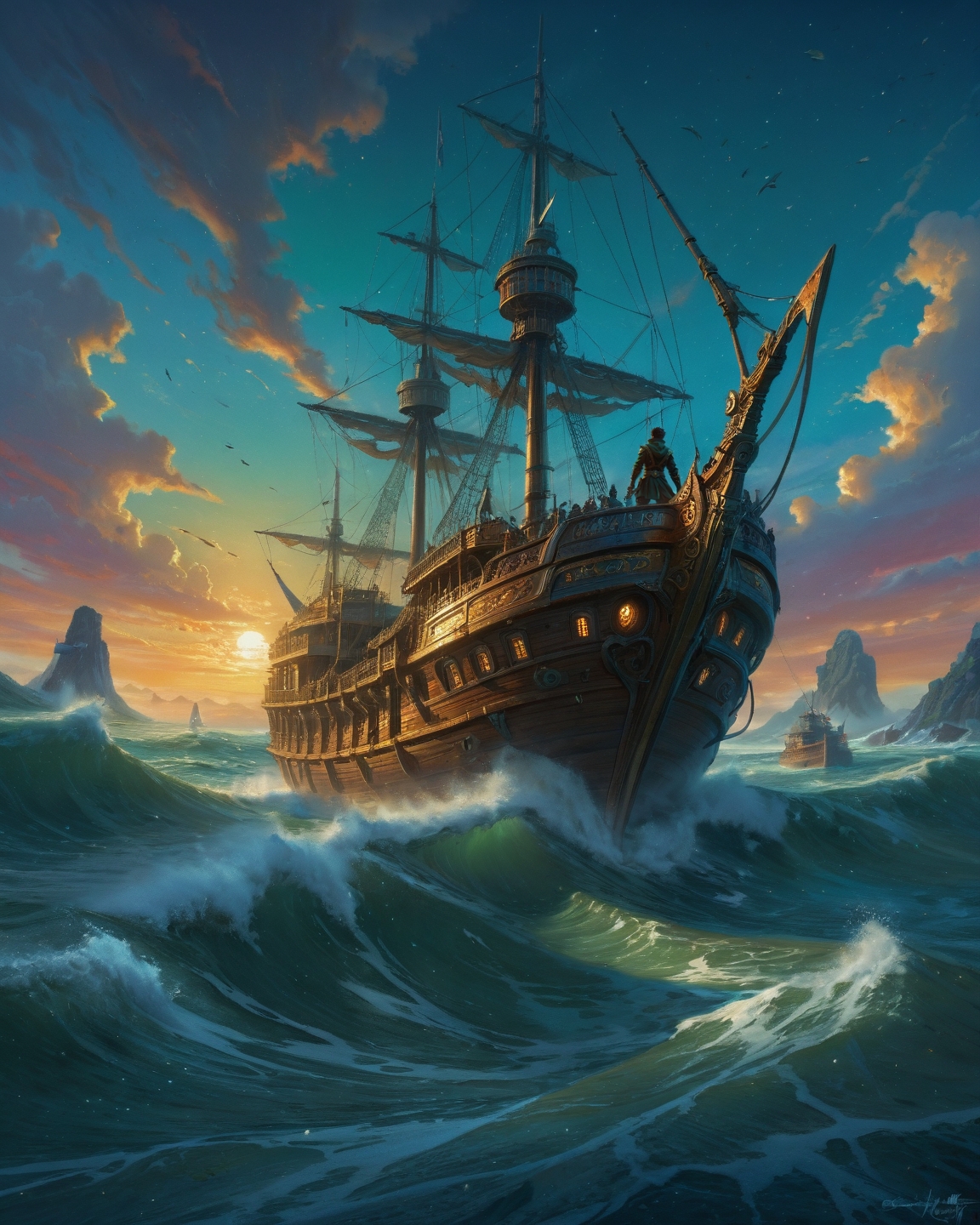 ethereal fantasy concept art of  anime artwork Robert Lyn Nelson (contemporary fluidism), roiling chaos of rogue waves, green flash diamond effect, driftwood grain details, ice blink reflection, crème brûlée sunset gradients,,phantom fleet regattas racing through kraken hunting grounds aboard solar mirror galleys competing for charts to the world's edge, Biomechanical cyberpunk, cybernetics, human-machine fusion, dystopian, organic meets artificial, dark, intricate,,
<lora:iLLMythG0thicL1nes:0.5> G0thicL1nes,
<lora:extremely_detailed:0.7> extremely detailed ,
<lora:add-detail-xl:0.7>,
<lora:softdigital2x2:0.15>,
<lora:EpicF4nta5yXL:0.3>, . anime style, key visual, vibrant, studio anime,  highly detailed . magnificent, celestial, ethereal, painterly, epic, majestic, magical, fantasy art, cover art, dreamy