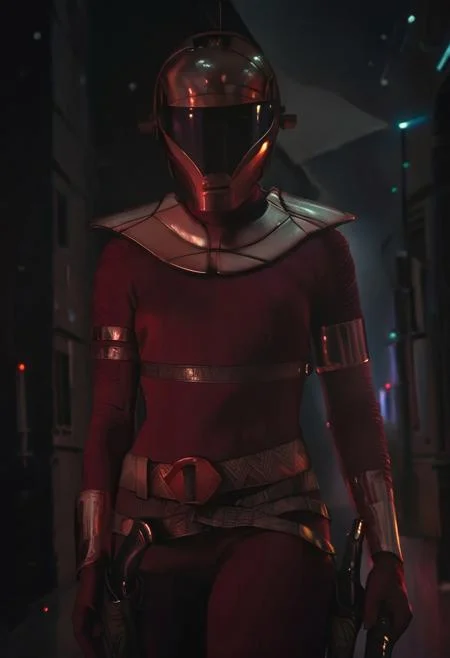 score_9, score_8_up, score_8_up, masterpiece, high detail, best quality, 1girl, solo, Zorii Bliss from Star Wars, standing, looking at viewer, helmet, maroon bodysuit, bronze armor, shoulder plates, bracers, belt with buckle, tight holsters, dual holsters, holding gun, knee-high boots, leather boots, cowboy shot, walking, outside, futuristic city, snow, detailed background
