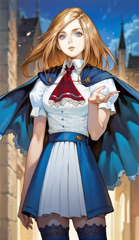 score_9,score_8_up,score_7_up,
highres,highly detailed,
<lora:CharlotteAulin:1>,
charlotteaulin,
1girl,solo,
brown hair,long hair,
blue eyes,looking at viewer, 
blue cape with white lace trim,white thigh length dress,white lace trim collar,red tie with white lace trim,short puffed sleeves,blue wrap skirt,
blue lace thigh socks,
upper body,
blurry background, outdoors, castle, night, bloom, light particles,