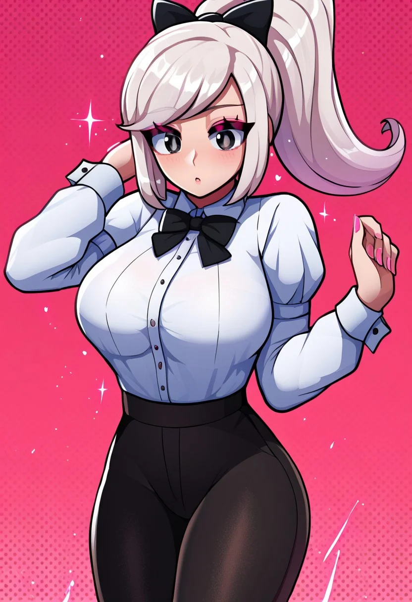 score_9, score_8_up, score_7_up, score_6_up, score_5_up, score_4_up, source_cartoon, <lora:confetti-extract- ponyxl:0.85>, detailed eyes, easynegative, rating_explicit, Expressiveh, 1girl, solo,
Geraldine, shirt, long sleeves, white shirt, white hair, ponytail, sidelocks, thighs, hair bow, collared shirt, pants, puffy sleeves, bowtie, black eyes, wrist cuffs, black bow, dress shirt, swept bangs, black pants, high ponytail, juliet sleeves, black bowtie, sleeve cuffs, traditional bowtie, necktie, big breasts, blush, shy,
