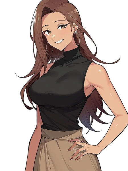 score_9, score_8_up, score_7_up,
1girl, risa im, long hair, brown hair, asymmetrical hair, brown eyes, large breasts, hoop earrings,
standing, hand on hip, brown skirt, black t-shirt, sleeveless, turtleneck, smile, looking at viewer, white background,