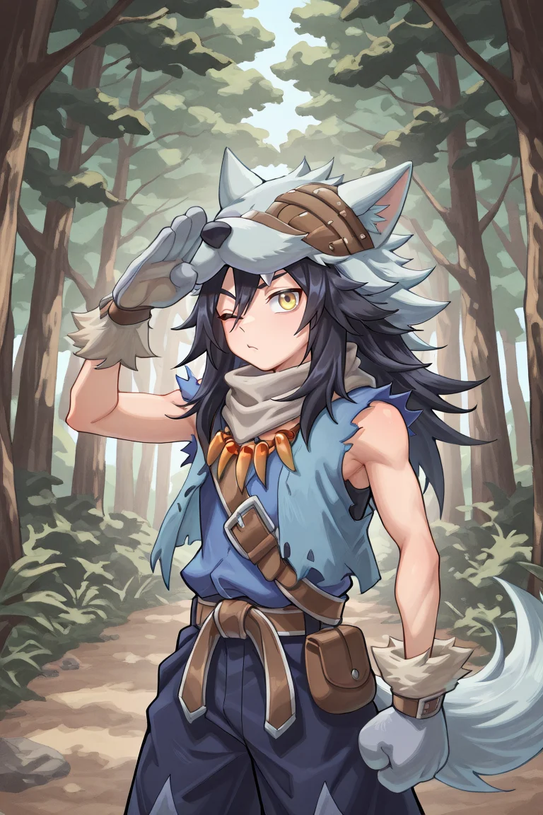 <lora:FlunkyIL:0.8> , fludef, 1boy, black hair, long hair, yellow eyes, wolf hat, wolf hood, wolf pelt, wolf tail, grey scarf, bandana around neck, necklace, tooth necklace, fur trim, blue vest, torn clothes, paw gloves, sandals, cowboy shot, (salute), one eye closed, rascal, exterior, forest, (solo), masterpiece, very aesthetic, absurdres, best quality, amazing quality, high resolution, detailed background, <lora:illustrious_quality_modifiers_masterpieces_v1:0.8> , <lora:ChamIllustriousBackgroundEnhancer:0.5>