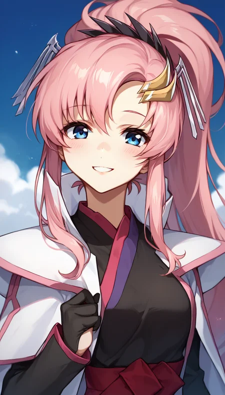 score_9,score_8_up,score_7_up,score_6_up BREAK official art,solo,outdoors,upper body,(portrait:1.5),looking at viewer,facing viewer,smile,blush,Lacus Clyne,very long hair,pink hair,ponytail,hair ornament,sidelocks,bangs,blue eyes,japanese clothes,white cape,black dress,red obi,long sleeves,wide sleeves,black gloves,medium breasts,zettai ryouiki,black thighhighs,boots,<lora:Lacus Clyne(msg seed)-Pony:1.6>,