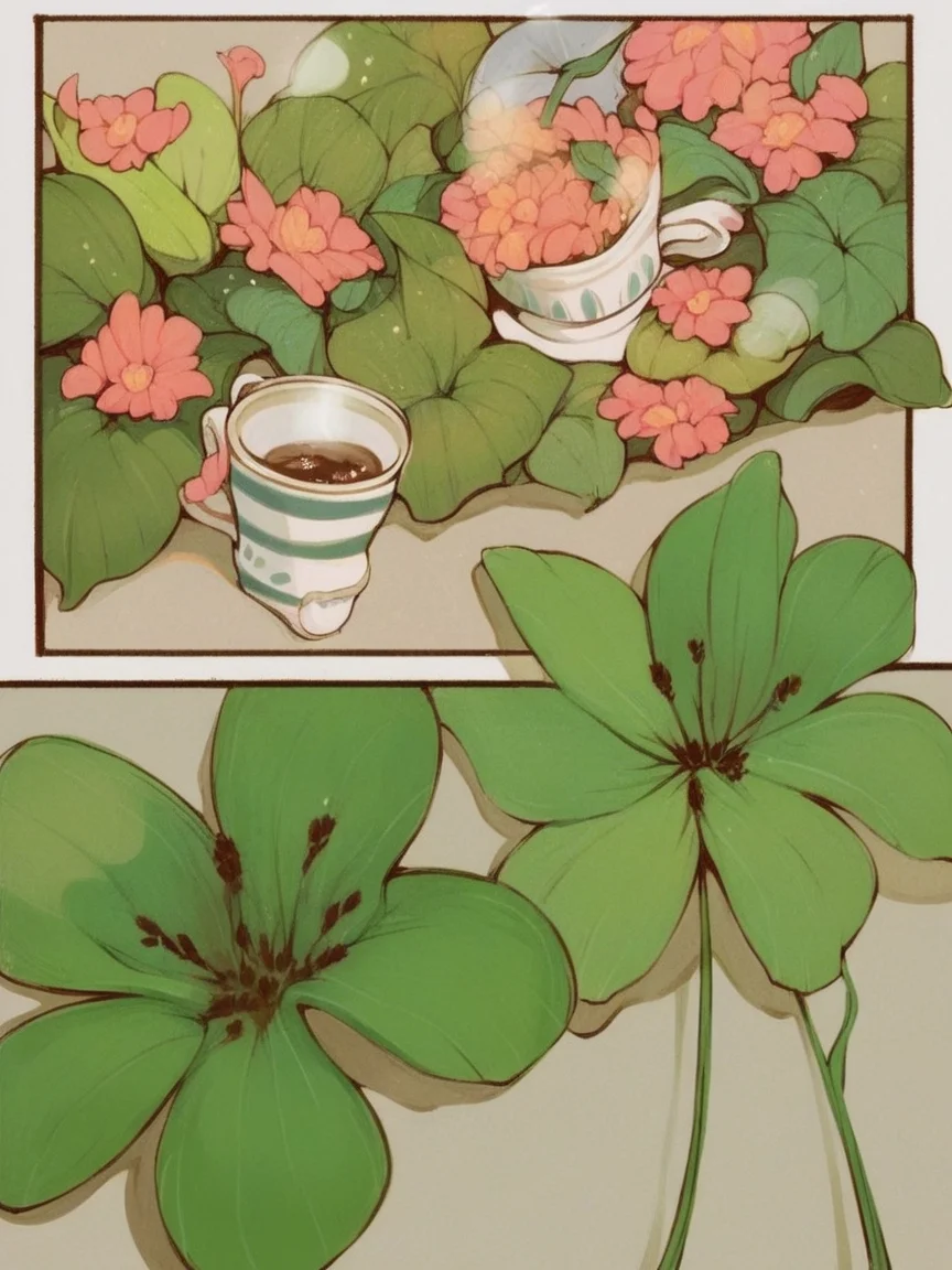 score_9, score_8_up, score_7_up, score_6_up,  <lora:p4n3lsXLP:1> p4n3ls, 1girl, coffee, flowers, panels