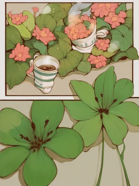score_9, score_8_up, score_7_up, score_6_up,  <lora:p4n3lsXLP:1> p4n3ls, 1girl, coffee, flowers, panels