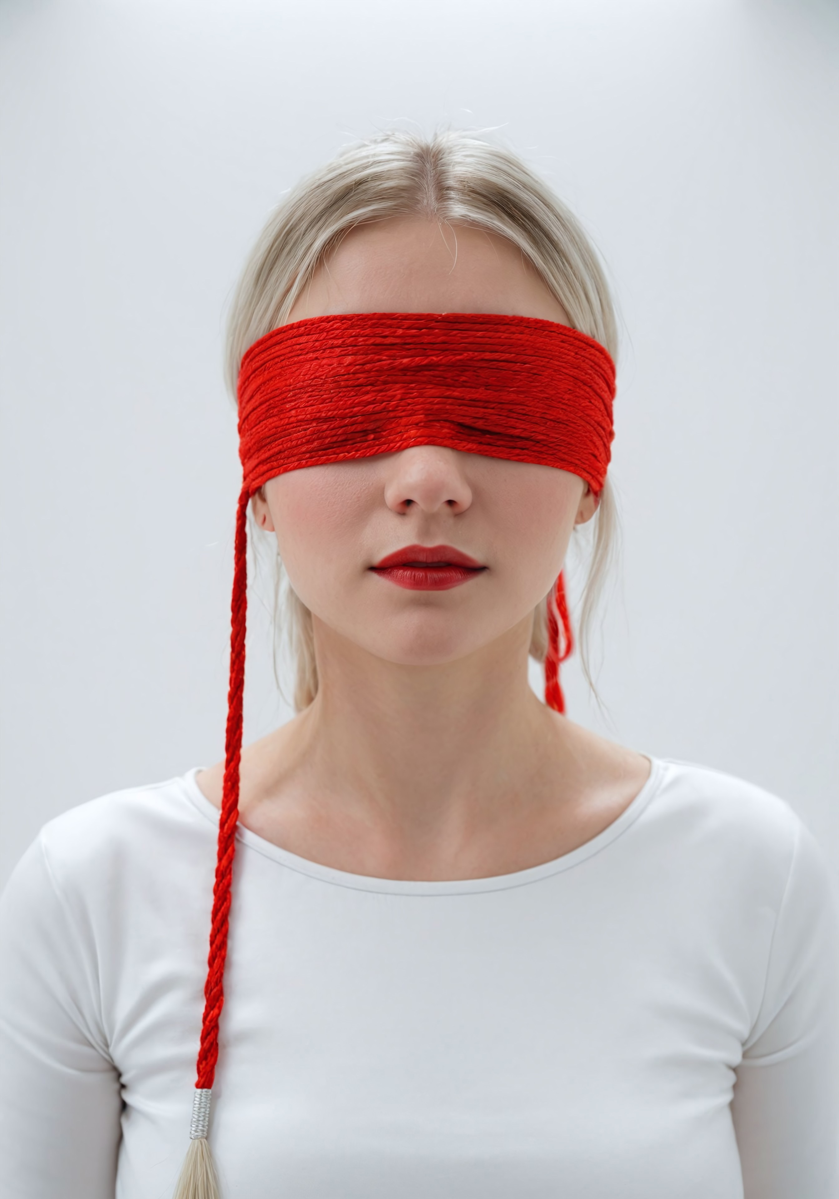 Ultrarealistic, photorealistic, realistic, 8k, HDR, masterpiece.
There are red threads strung in the white room. In the middle stands a platinum blonde girl. She is dressed in white clothes and has a red satin bandage over her eyes. Artistic portrait, simple composition, focus on the girl, minimum number of colors.