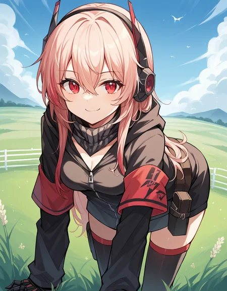 score_9, score_8_up, score_7_up, source_anime, <lora:girlsfrontline-m4-sopmod-ii-ponyxl-lora-nochekaiser:1>, m4 sopmod ii, hair between eyes, red eyes, pink hair, streaked hair, red hair, sidelocks, long hair, multicolored hair, two-tone hair,, armband, black gloves, black jacket, black scarf, black thighhighs, gloves, hair ornament, headgear, headphones, holster, hood, hooded jacket, jacket, mechanical hands, red armband, scarf, thighhighs, track jacket,, rural, fields, houses, countryside, quiet, smile, bent over, smug,, looking at viewer, solo,, dutch angle, cowboy shot