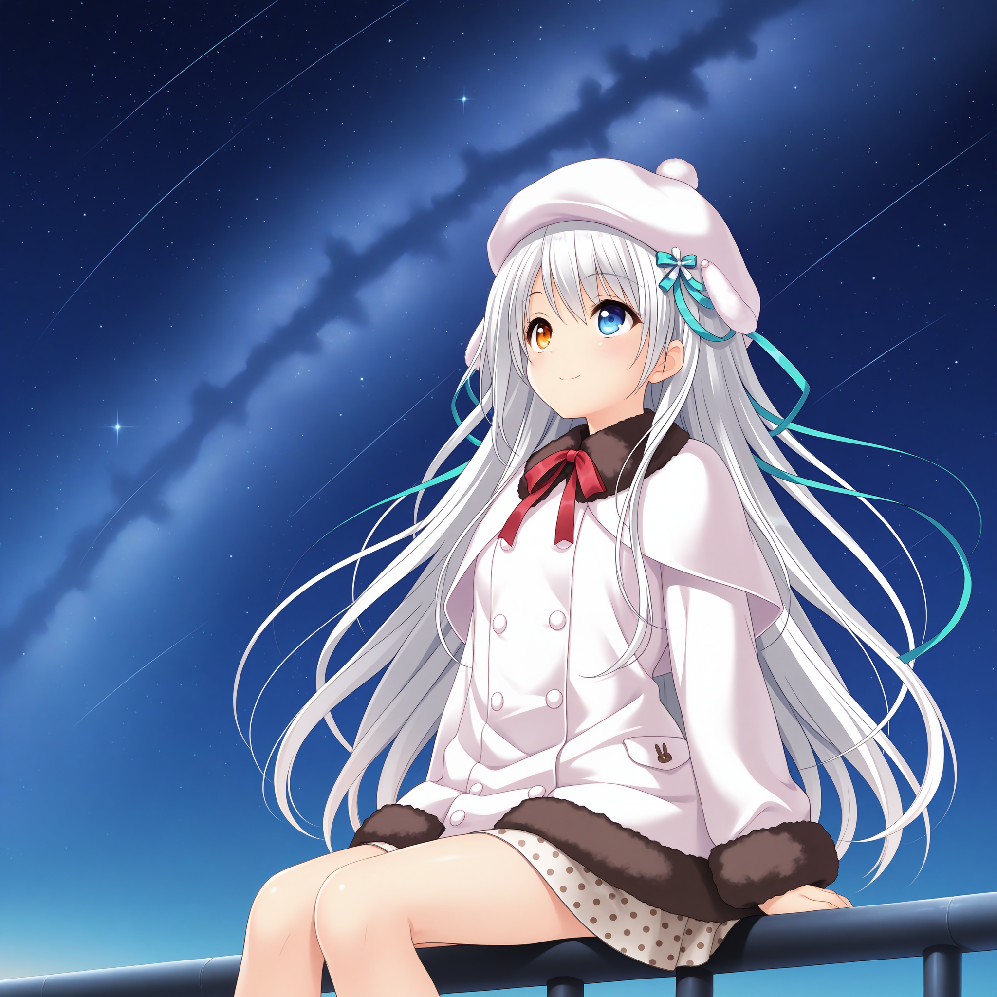 <lora:Amanogawa_Saya_2_nai-000013:1>,Amanogawa Saya,hair ribbon,aqua ribbon,white ribbon,hair ornament,
rabbit ear headwear,white beret,pom pom hat ornament,
long sleeves,white coat,fur-trimmed capelet,fur-trimmed sleeves,fur-trimmed coat,neck ribbon,red ribbon,brown fur,white capelet,miniskirt,polka dot skirt,high-waist skirt,
1girl,solo,smile,sitting,on railing,arms at sides,looking up,night,starry sky,milky way,