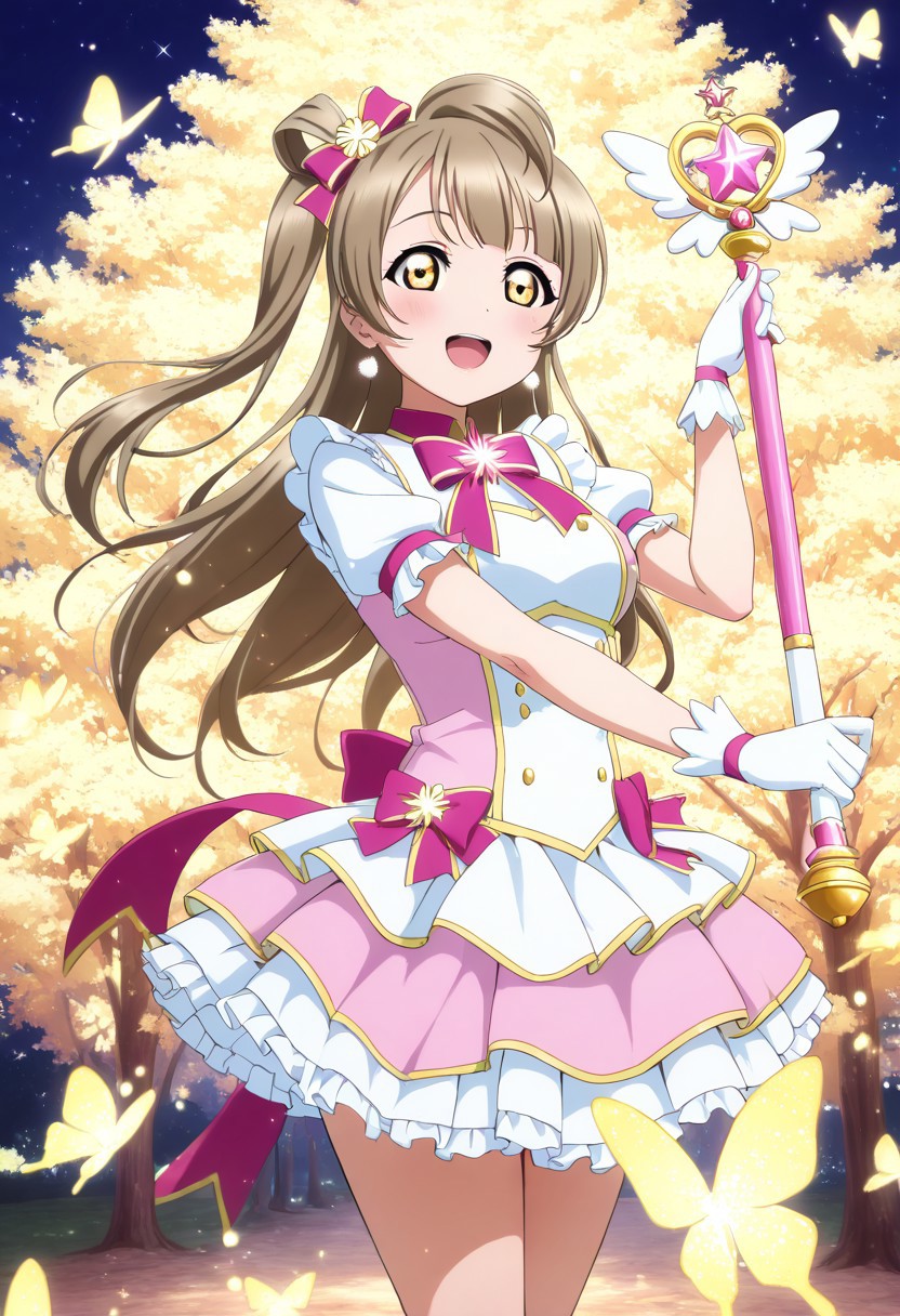 masterpiece, best quality, solo, 1girl, aged up, happy,
 kotori_minami, minami_kotori, grey hair, brown eyes, one side up, long hair, hair ribbon, ribbon, magical girl idol costume, frilly white and light pink dress, puffy sleeves, floating ribbon accessories, wand with star tip, glittering forest glade, glowing butterflies, moonlit night, sparkling lights, enchanting and dreamy performance