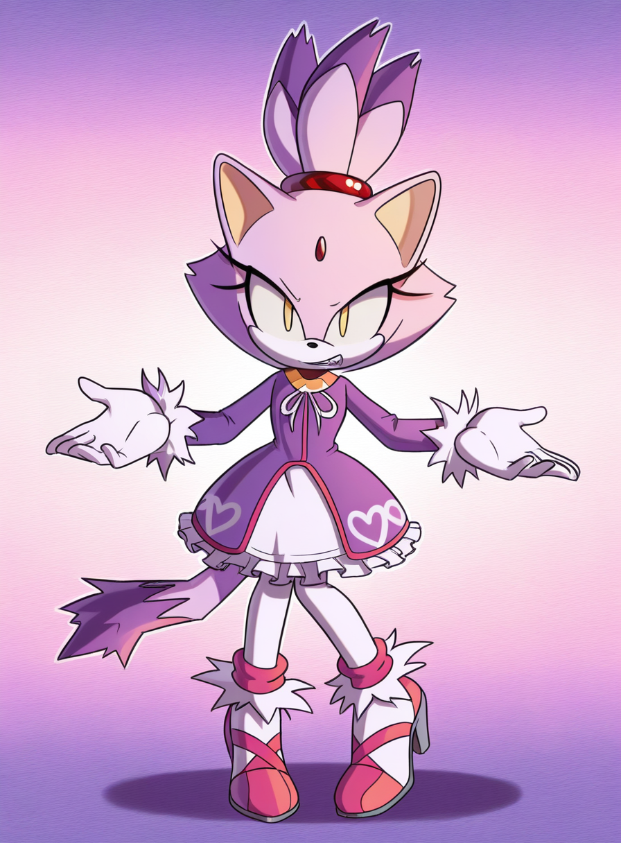 solo, <lora:krack:1> krackstyle, furry, no humans,
blaze the cat, purple fur, topknot, ponytail, cat tail, yellow eyes, idol outfit, heart motif dress, frilly skirt, pantyhose, heels, gloves, headband, standing, arms outstretched, wide grin, energized eyes, lively stance, extremely detailed, highres, masterpiece, best quality