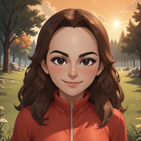 score_9, score_8, BREAK, solo, wii, mii, wii sports, 1girl, female mii, brown hair, black eyebrows, black eyes, blush, red clothing, white pants, shoes, breasts, nintendo mii, modern_mii, classic_mii, Maria_(Wii_Sports), cute, sexy pose, self portrait, smile, outdoors, sunlight, shadows, evening lighting, natural lighting, forest, trees, grass, orange sky, sunset