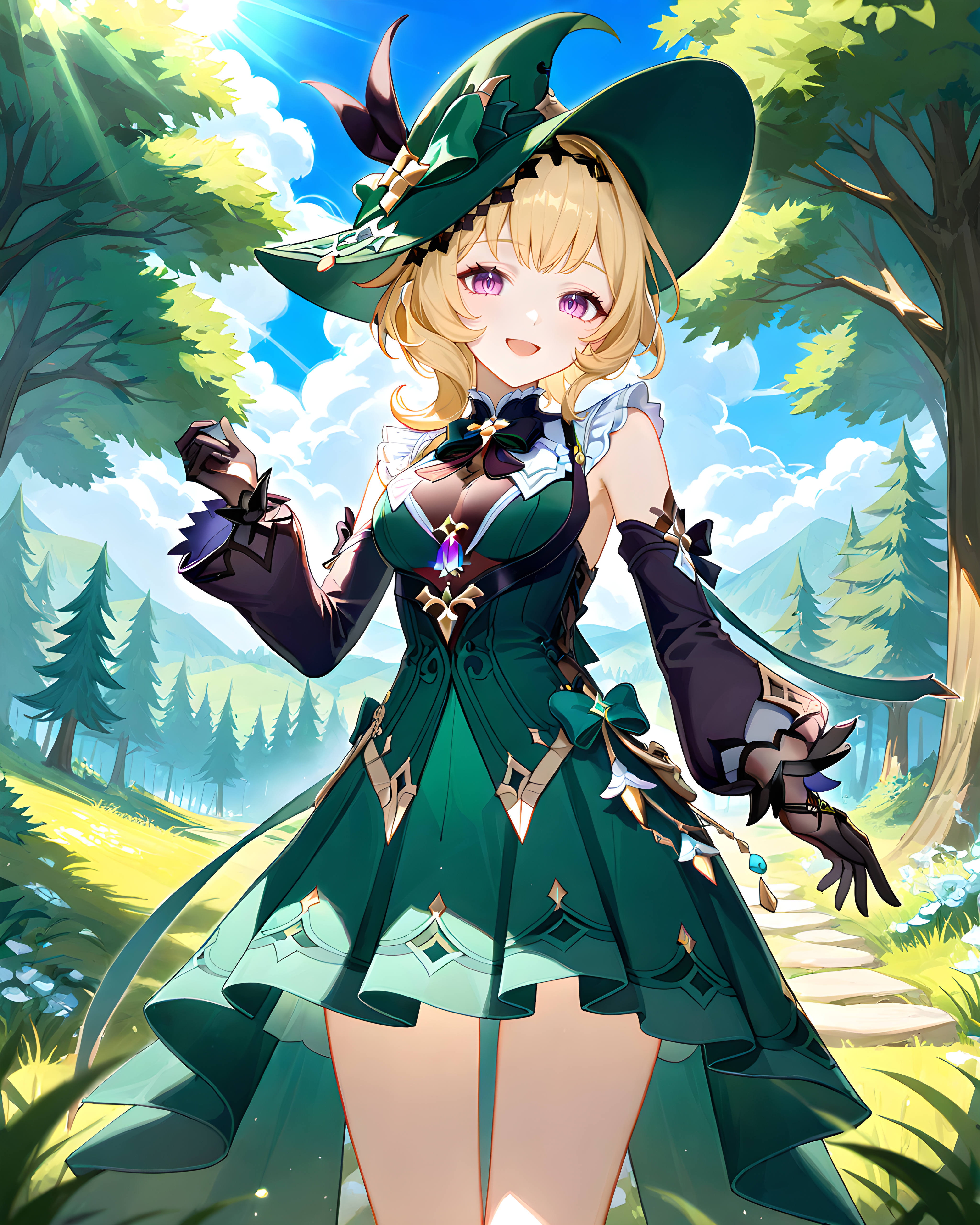 1girl, cowboy shot, standing, Emilie \(Genshin Impact\), green hat, green dress, detached sleeves, black gloves, open mouth, smile, outdoors, nature, forest, cloud, blue sky, sunlight <lora:Emilie:0.6>