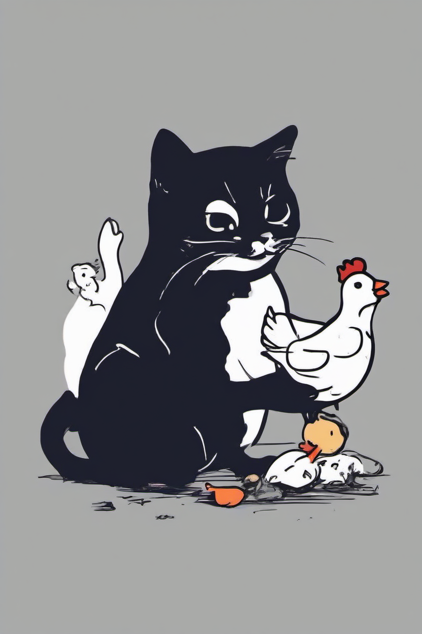 <lora:PE_HighContrastStyleV1:0.8> PEHighContrast,Simple Background, high Contrast, Illustration,Black and White,
Cat Playing With Chicken