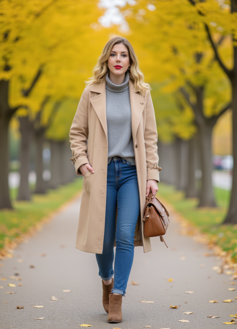 SFW, The image shows a woman walking in a park during autumn. She is wearing a long beige trench coat, a grey turtleneck sweater, blue jeans, and brown ankle boots. She has a brown handbag slung over her shoulder and is looking off to the side with a serious expression on her face. The trees in the background are covered in yellow leaves, indicating that the photo was taken during the fall season. The ground is covered in fallen leaves, creating a beautiful contrast with the warm colors of the trees., aidmaimageupgrader<lora:flux\custom\celebrity\katherine-ryan.safetensors:1.0:1.0> <lora:turbo-8-step-flux.safetensors:0.5:0.5> <lora:flux\style\Common\aidmaImageUprader-FLUX-v0.3.safetensors:0.25:0.25>