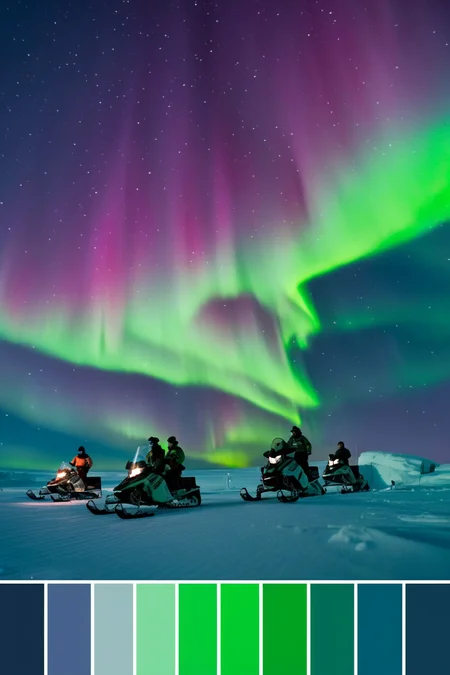 <lora:Cinema Color Palette:1>Color Palette - An arctic research base under the Northern Lights. Scientists venture out on snowmobiles, chasing a mysterious phenomenon on the icy horizon.