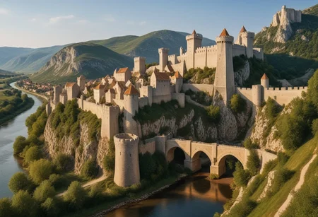 ultra realism, realistic image with high quality 8k and above, stable focus on an extremely breathtaking natural landscape from the Middle Ages, on an ancient knight's fortress built in the mountains and next to it there is a village with houses made of stone, wood, castle, ruins, fortress, castle, village , stone and wooden houses, tents, awnings, rocks, horses, full water river. boats, dense vegetation, protective wall around the village and the fortress, road, period middle ages, chivalric symbols, christian temple, road, in countries along the road medieval fighters dressed in traditional clothing typical of the middle ages in europe, color balance, golden hour,