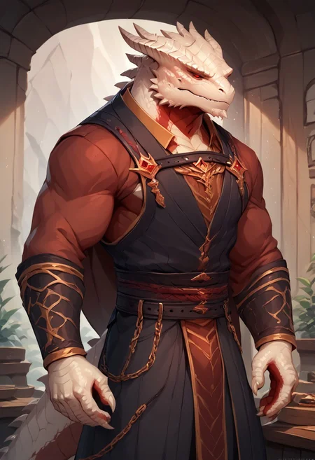 score_9, score_8_up, score_7_up, score_6_up, score_5_up, score_4_up, masterpiece, high quality,The dark urge, scalie, reptile, dragonborn , male, mature male,male anthro dragon, white body, detailed eyes,red schlera, red eyes, beefy,scales, dragon tail, horns, masculine, bodybuilder, white_scales,furry, dragonborn,glowing eyes,fully clothed,Kluclew_Art