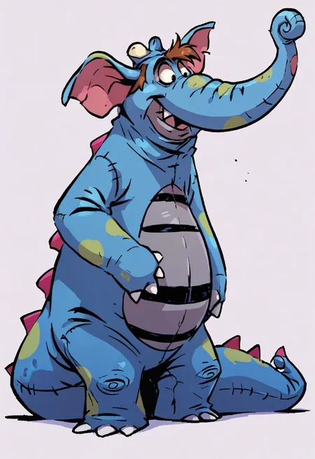 (score_9 | score_8_up | score_7_up) ((masterpiece:1))(best quality,very high quality,ultra detailed:1.2) (2D,cartoon style,anime style)(Smooth:2)(clean blurring) (four fingers on each hand,one thumb on each hand:1),
Abu elephant, elephant, solo, brown hair, grey skin, black eyes, trunk, trunk nose, elephant trunk, elephant ears, wearing a blue dragon costume, Dragon costume, full body