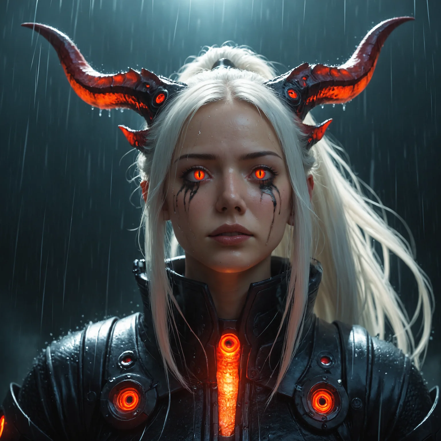 score_9, score_8_up, score_7_up,   detailed eyes, 1girl, long hair, circular, iridescent, realistic, source_photo, mechanical,  runny makeup, slit pupils, white hair, ponytail, from below,  horns, fantasy, cyberpunk, rain, glowing red eyes,, volumetric lighting, depth of field, cinematic, vibrant, shadows, detailed,