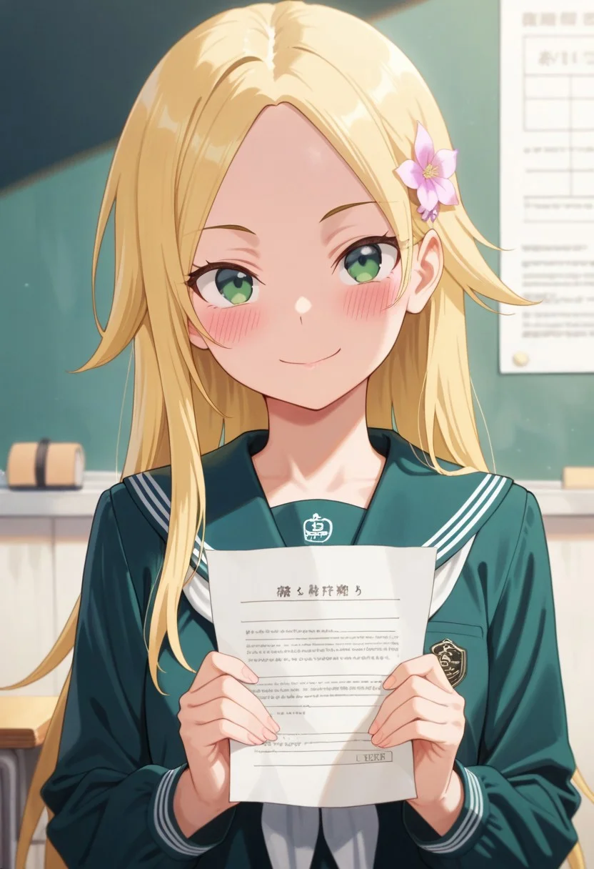 masterpiece,best quality,amazing quality, matsugazaki karen, blonde hair, green eyes, long hair, 1girl, solo, smile, school uniform, hair ornament, looking at viewer, holding, serafuku, sailor collar, flower, paper, hair flower, blush, closed mouth