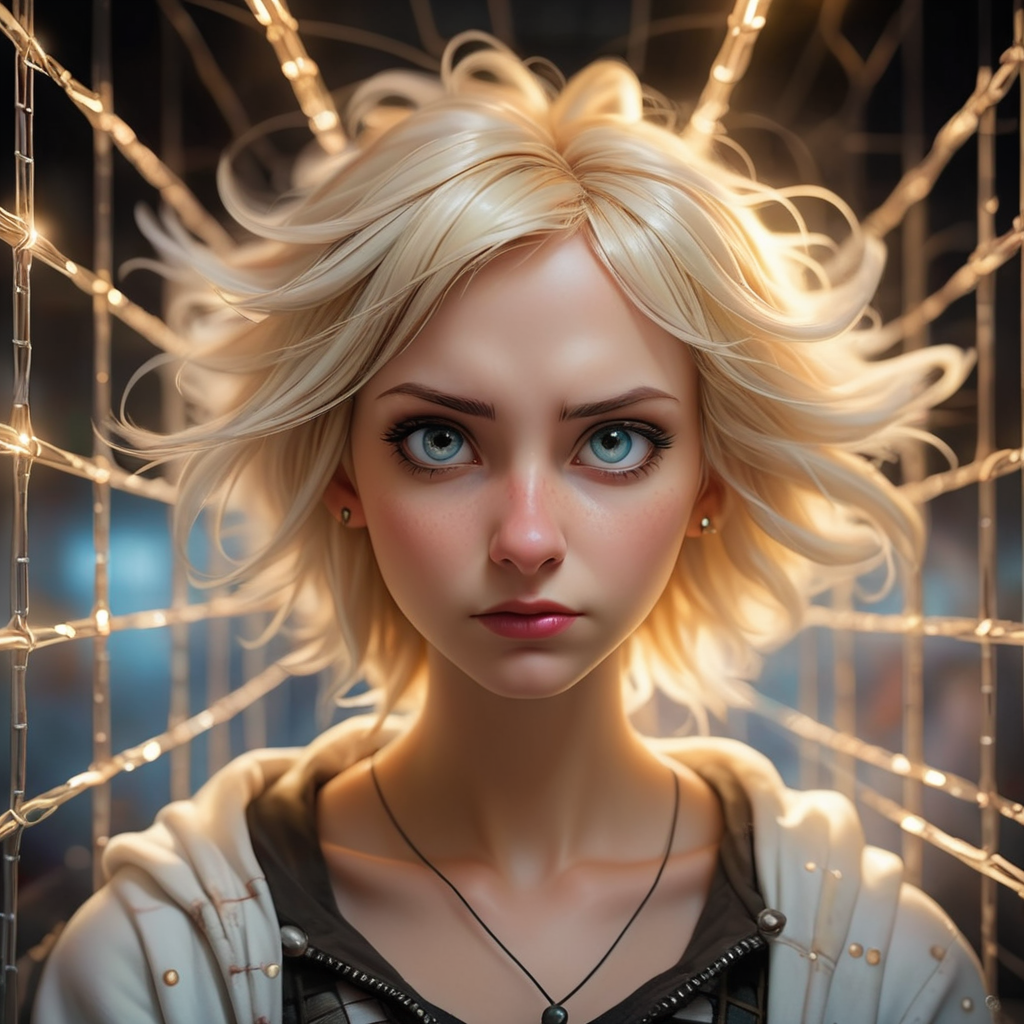 magical realism art designed by Alex Alemany and Christine Ellger, Cosplay Photograph, epic comics art of a Angelic ("Port Anson Grid":1.1) , hyper detailed, Bathed in shadows, shallow depth of field, Ultra Real, Cosy, Corporate Punk, 35mm, expressive brush strokes, Light streaks, professional