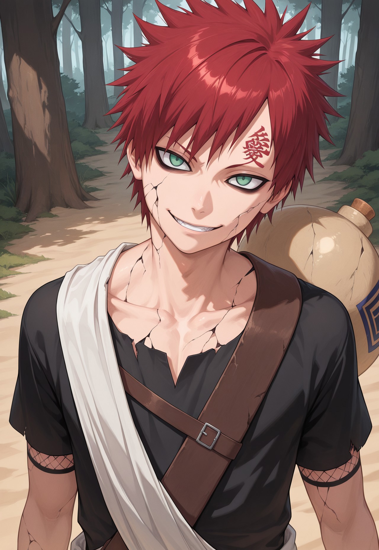 masterpiece, best quality, amazing quality, very aesthetic, absurdres, newest, naruGaar, 1boy, solo, red hair, spiked hair, forehead tattoo, green eyes, black shirt, sash, (gourd:0.6), portrait, forest, evil smile, cracked skin, head tilt, sand, from above