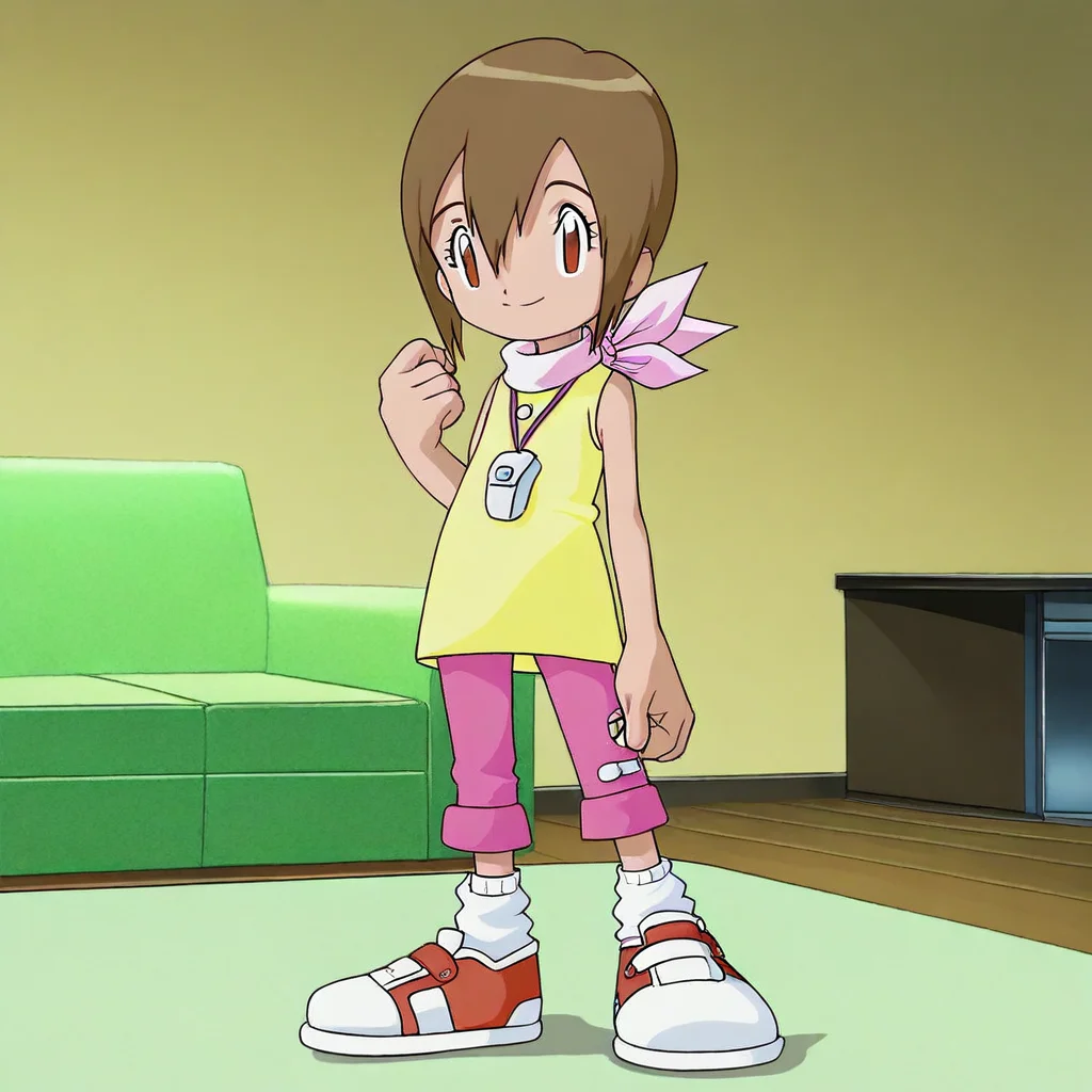 score_9, score_8_up, score_7_up, source_cartoon, prefect lighting, very aesthetic, intricate details, highly detailed background, high quality, prefect hands, best quality, digimon, digimon aventure,young, hikari yagami, brown hair, short hair, brown eyes, pink neckerchief, pale yellow sleeveless shirt, pink pants, white socks, two tone sneakers, red sneakers, white sneakers, whristle, dynamic pose, standing, looking at viewer, smile, indoors, living room, female focus, furniture