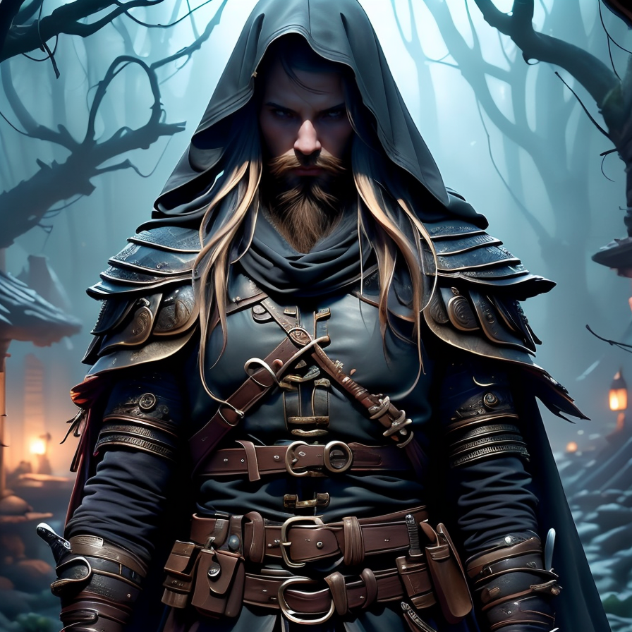 (masterpiece:1.2), (best quality,:1.2), 8k, HDR, ultra detailed, ((photorealistic)), perfect anatomy, professional light, cinematic lighting, ambient lighting, <lora:detail_slider_v4:1>, epic medieval fantasy, a (male) criminal, (beard), FaRo, <lora:FantasyRogues-10:1>, black leatherarmor, belt, cloak, in a dark forest, FaFo, <lora:FantasyForest-10:0.5>,  <lora:zoom_slider_v1:1>, <lora:fantasyAI:0.4> tanjoreai, in the style of Tolkien, Middle Earth, epiCPhoto