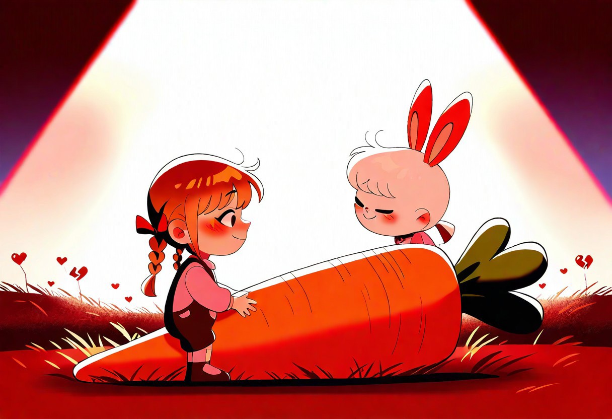 (masterpiece, best quality, good quality), side view, illustration lovely girl, 1girl, 1bunny, very awa, very aesthetic, absurdres, cute bunny, little girl, farmer's sarafan, blonde, braids, bangs, girl holding bunny ears, bunny holding big carrot, head tilted, blush, white fur, broken heart on rabbit, little bunny, farmer's garden, sad bunny, smiling girl, upper teeth, toon (style), heart, deadly cutiness, red ribbon, ribbon, sunpuddle, sunlights, god rays, novuschroma02 style <lora:ponyv6_noobV1_2_adamW-000017:0.6> <lora:USNR_STYLE_XL_lokr:0.35> <lora:namukijpg_ill:0.6>
<lora:novuschroma02 style:0.8>