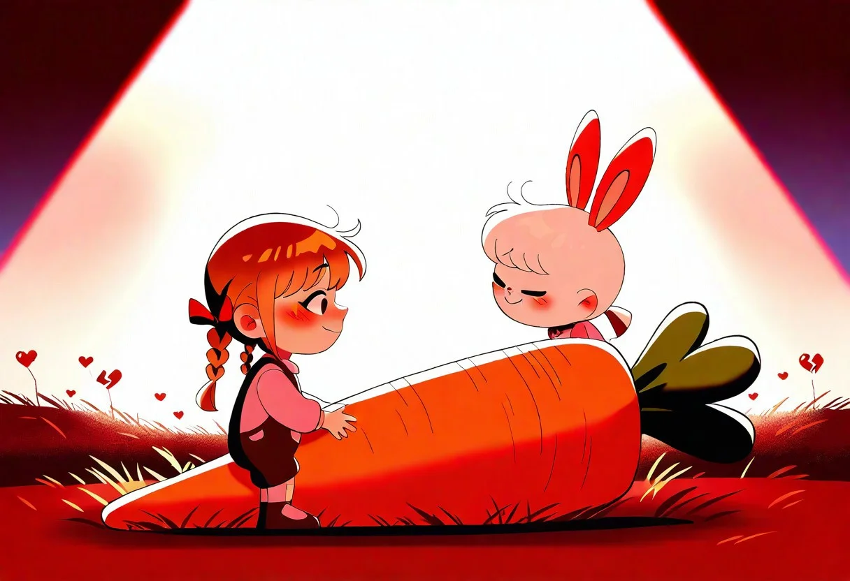 (masterpiece, best quality, good quality), side view, illustration lovely girl, 1girl, 1bunny, very awa, very aesthetic, absurdres, cute bunny, little girl, farmer's sarafan, blonde, braids, bangs, girl holding bunny ears, bunny holding big carrot, head tilted, blush, white fur, broken heart on rabbit, little bunny, farmer's garden, sad bunny, smiling girl, upper teeth, toon (style), heart, deadly cutiness, red ribbon, ribbon, sunpuddle, sunlights, god rays, novuschroma02 style <lora:ponyv6_noobV1_2_adamW-000017:0.6> <lora:USNR_STYLE_XL_lokr:0.35> <lora:namukijpg_ill:0.6>
<lora:novuschroma02 style:0.8>