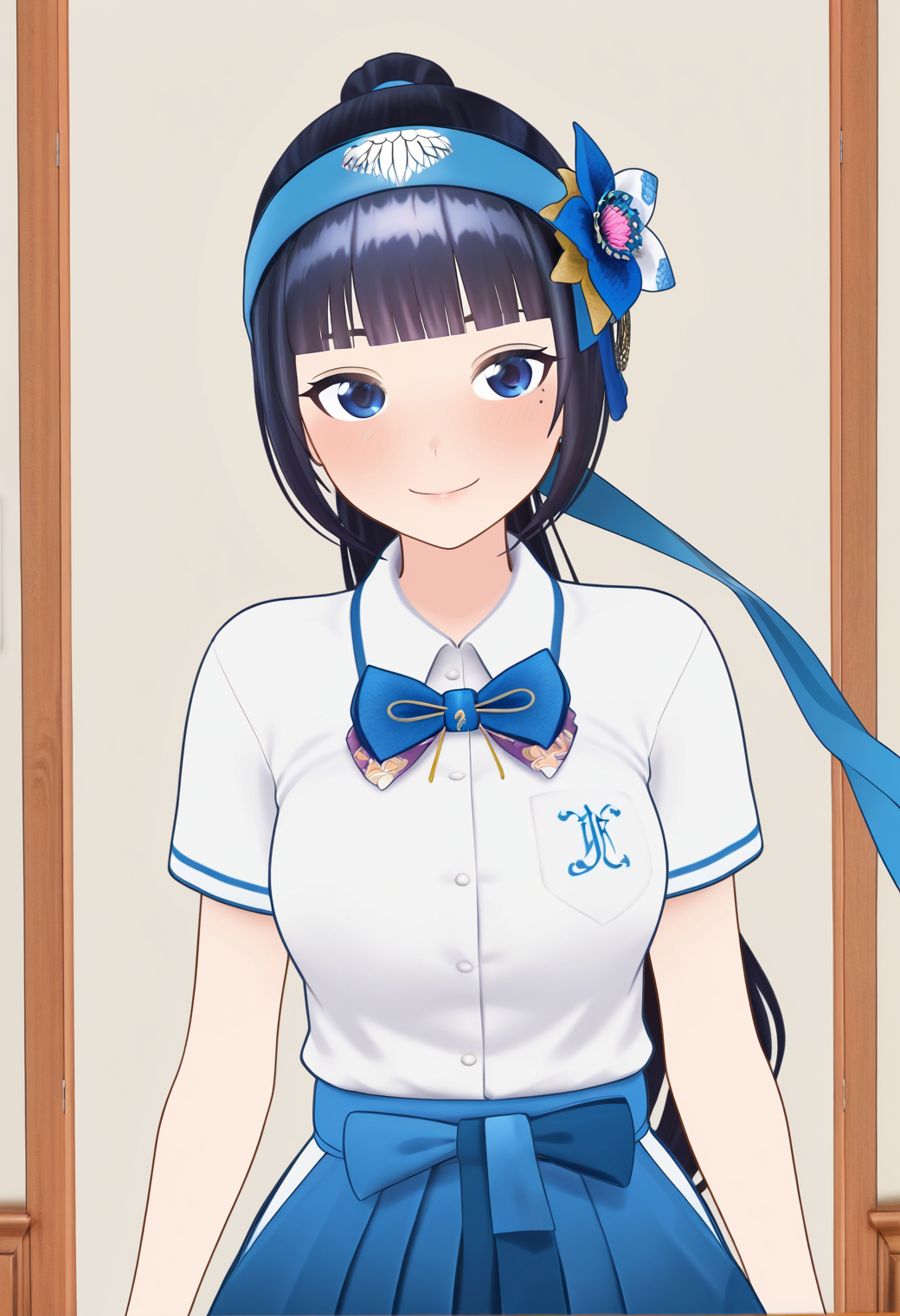 masterpiece, best quality, very aesthetic, absurdres, 1girl, solo,
<lora:fuji_aoi_v01:1.0>, virtual youtuber, aoi_costume2, black hair, long hair, ponytail, blunt bangs, blue eyes,
headband, hair ornament, white shirt, collared shirt, blue bowtie, blue skirt, hakama short skirt, smile, posing