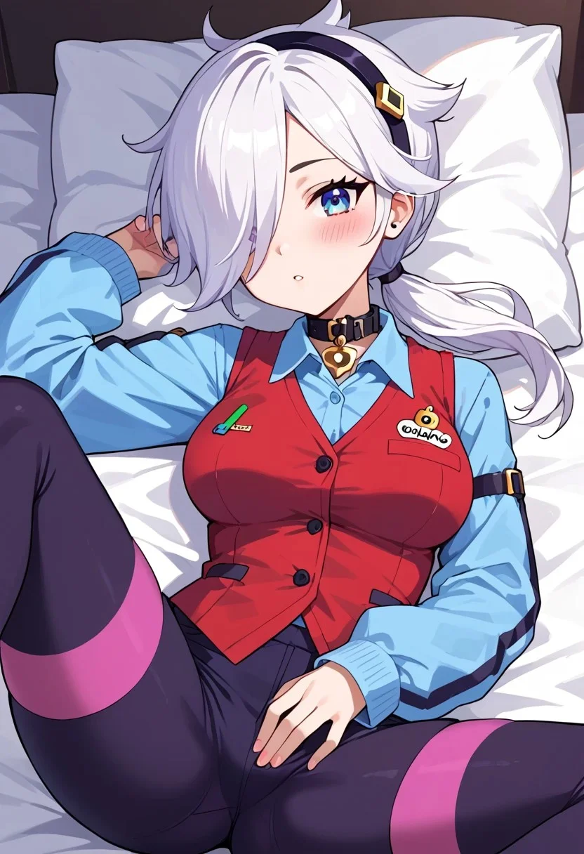 score_9, score_8_up, score_7_up,source_anime,
,bscolette , 1 girl , white hair, , ponytail, collar , red vest , blue shirt , long sleeves, purple pants, hair over one eye, hairband, sleeves past fingers,
,look at viewer, big ass, big breast, spread legs, bed, blush, close up,
