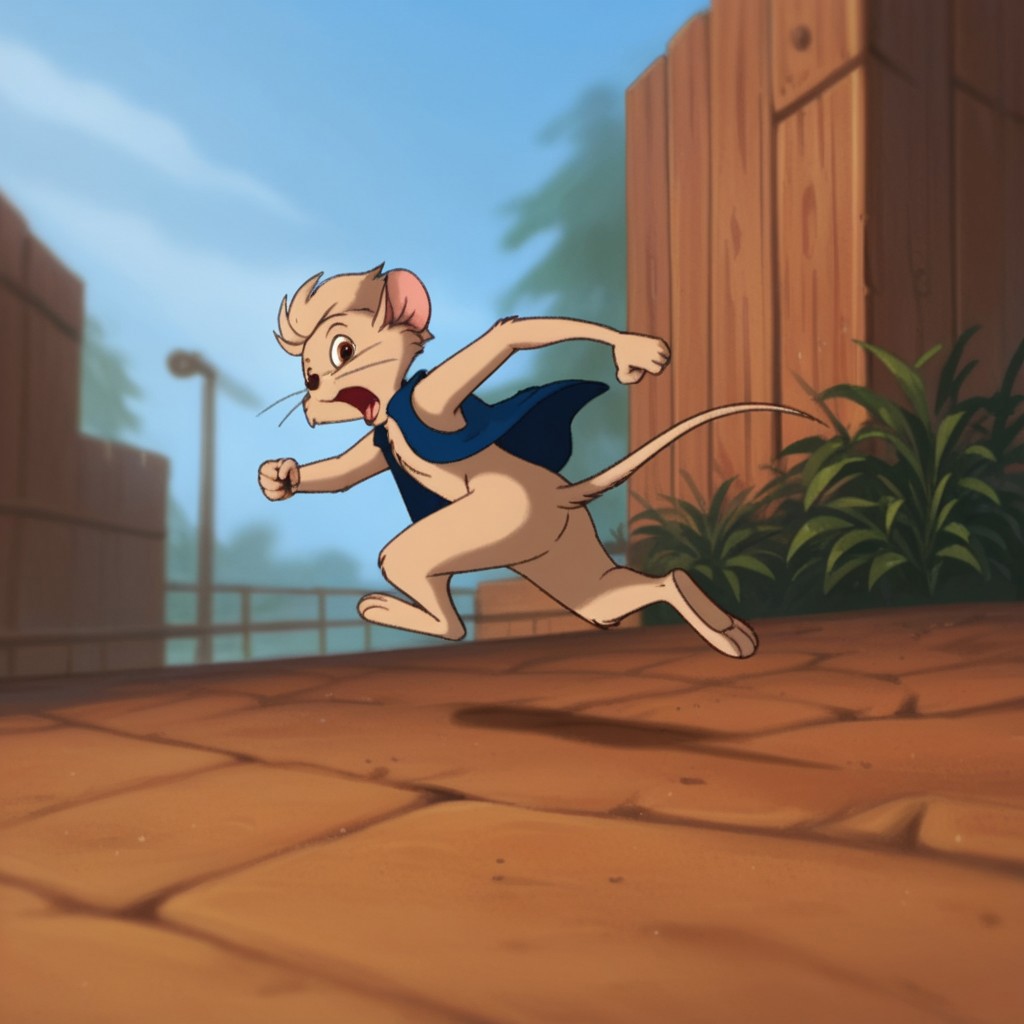 score_9, score_8_up, score_7_up, score_6_up, score_5_up, score_4_up, source_furry, Timmynimh2, semi-anthro, male, mouse, tan fur, brown eyes, short hair, blue vest, running, solo, 1boy, outside