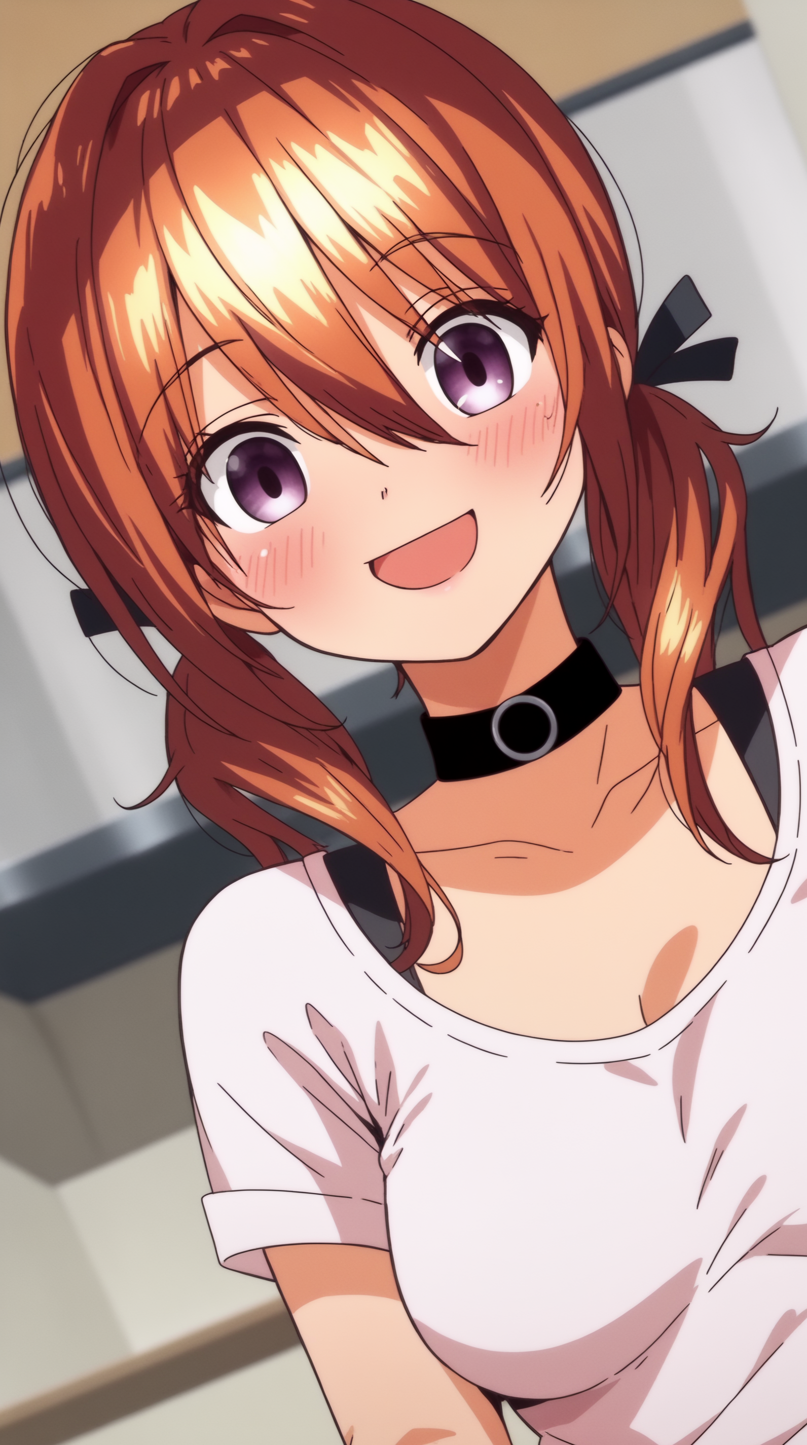 score_9, score_8_up, score_7_up, best background, detailed background, 4k, upscale, anime_source,  hinano, looking at viewer, blush, smile, open mouth, shirt, white shirt, upper body, :d, choker, solo focus, indoors, blurry, dutch angle, black choker, border, tan, tanlines, kitchen  <lora:JN_Hinano_Pony:0.8>
