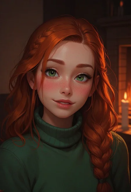 score_9, score_8_up, score_7_up, score_6_up, 
1girl, 25 years old, perfect face, cute, petite, close view, looking at viewer,
dark green eyes, freckles, 
ginger hair, folded braid,
green sweater, 
fireplace, candles, indoors, 
blush, shy smile, portrait, face focus, detailed face,