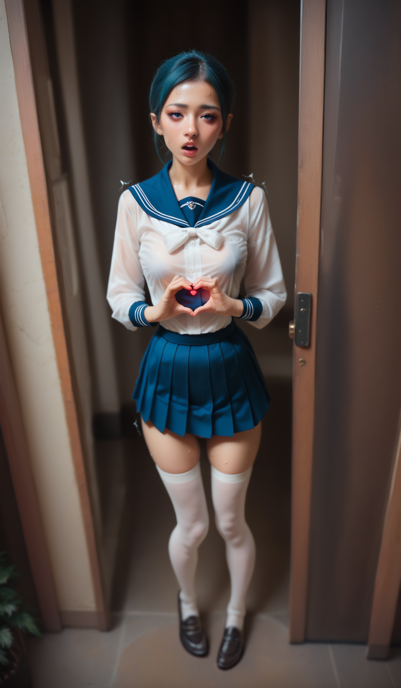 score_9, score_8_up, asian,chinese,
(school uniform, uniform, white ribbon, white thighhighs, thighhighs, long sleeves),
(girl having sex in butterfly sex position, penis penetrating pussy, sex, a girl pussy is getting fucked by a penis, vaginal), penis, cock, pussy, sweat,trembling, breast grab,heart hands,sweat,underwear,panty pull,presenting,
(see-through_clothing),(dynamic angle,dynamic pose),shine,glowing,energy coalescing and vibrating,whole_body,standing,
wearing kimono,charming,alluring,seductive,erotic,enchanting,
(bulky full body clothing,  crepe,   batwing sleeves, Tea Length, Empire Waist, pleated skirt, Ventilation,,slit details),(dazzling sparkling aquamarine, polished, pewter, robustness, coating, rare, industrial, art deco, artistic expression),( crystal canyon door),